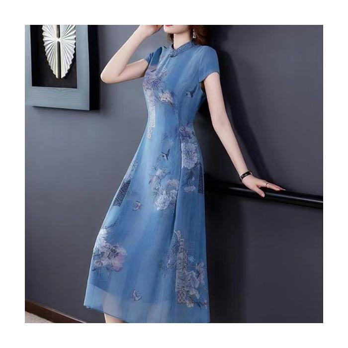 

Improved cheongsam dress women s summer slim-fit Qi bag skirt new Chinese style short-sleeved skirt summer 3XL синій