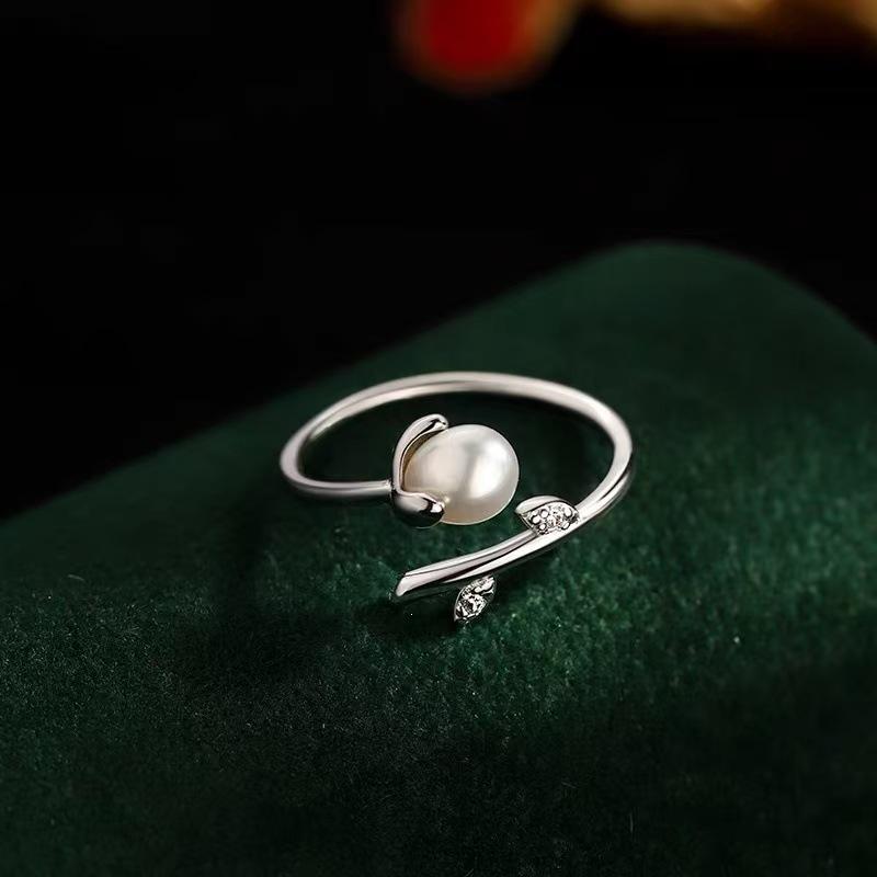 925 Sterling Silver Natural Pearl Women's Open Ring - Light Luxury High-End Design
