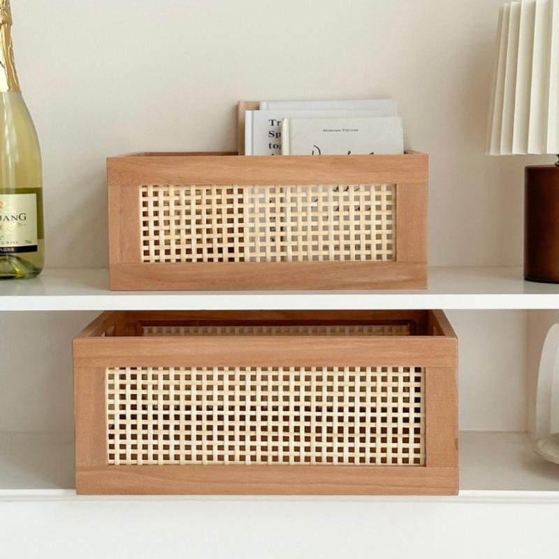 Retro Solid Wood Storage Box Desktop Rattan Basket Book Snacks Fruit Cosmetics Organizer Boxes Home Bathroom Kitchen Basket