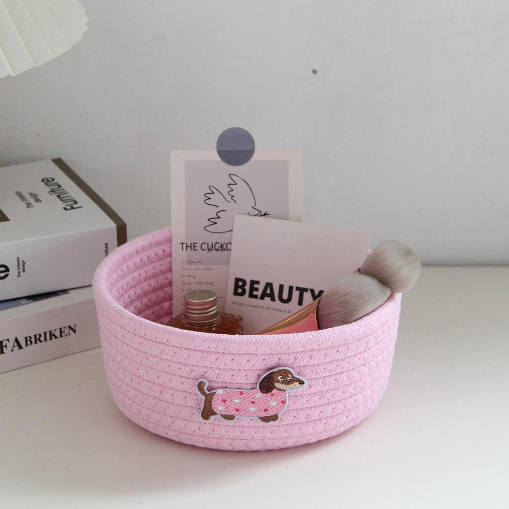 Pink Cat Cotton Rope Woven Desktop Storage Basket