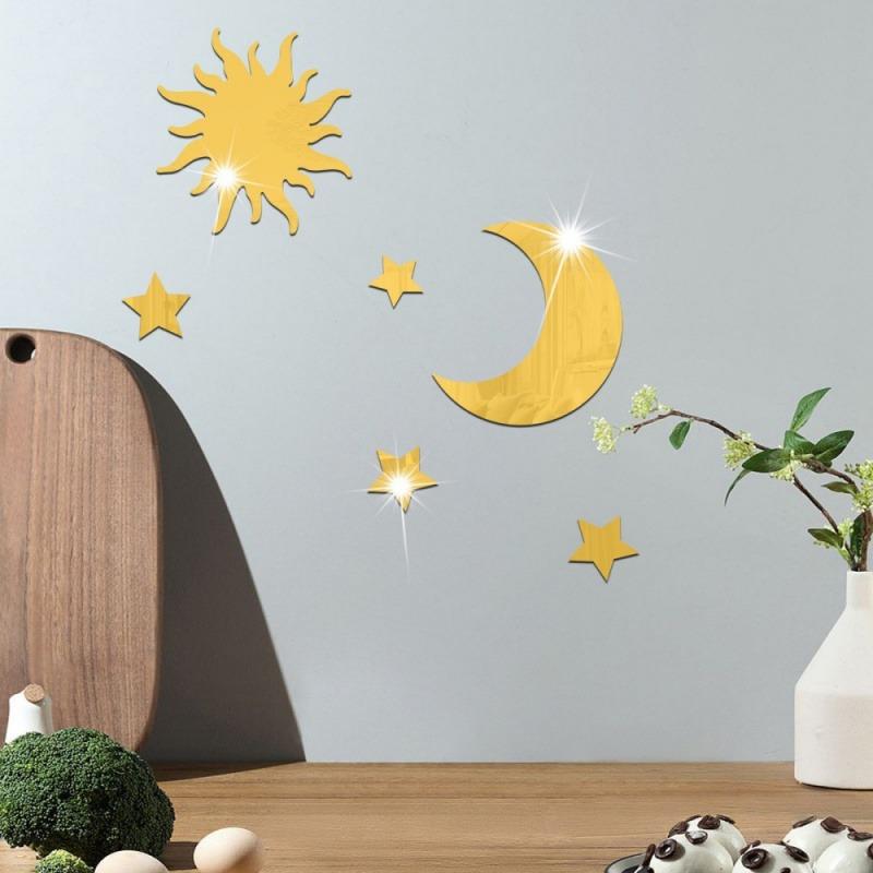 6Pcs Star & Moon Combination Mirror Wall Sticker - Ramadan Kareem Decor, Bedroom & Living Room Holiday Birthday Supplies