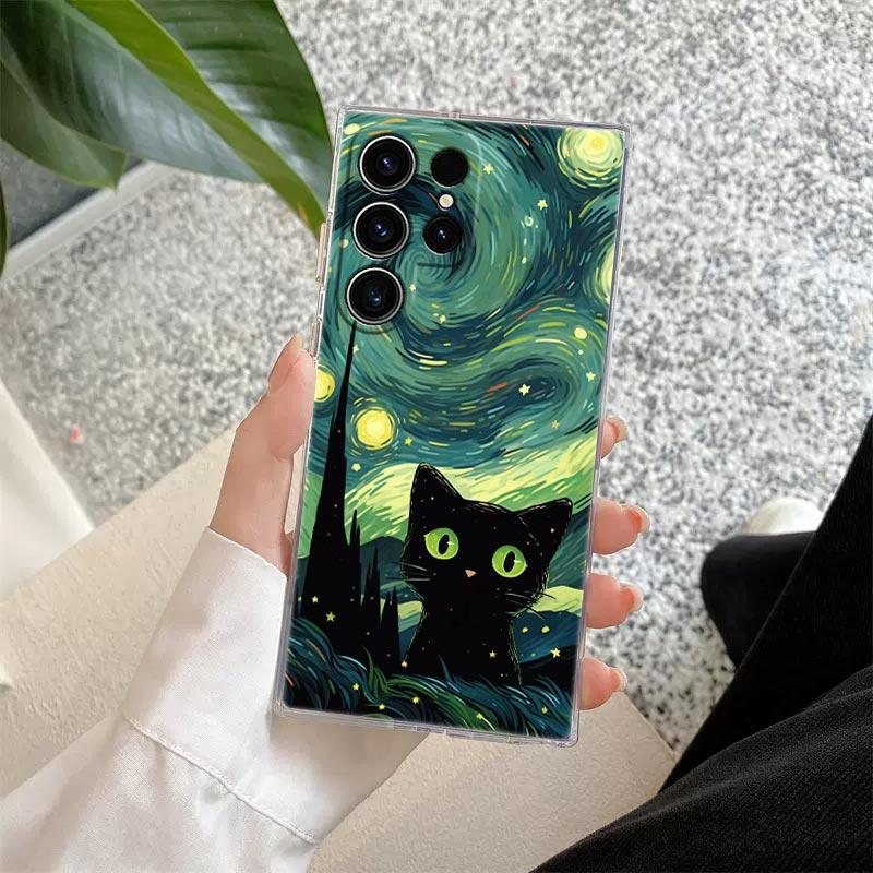 Retro Oil Painting Starry Sky Cat Clear Case For Samsung Galaxy S26 S25 S24 S23 Ultra S20 S21 FE S22 Plus S26 Ultra Phone Cover