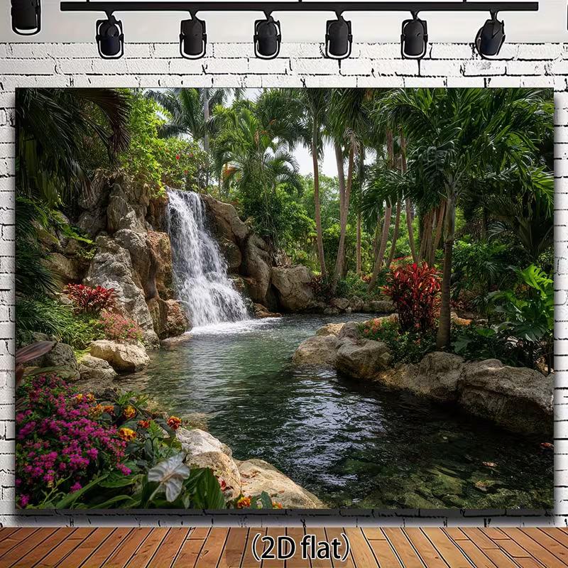 2D Tropical Nature Backdrop, Waterfall Palm Tree Pool Background for Home Decoration