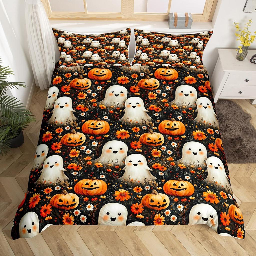 Cartoon Ghost Duvet Cover Twin Queen Happy Halloween Bedding Set Orange Pumpkin Flowers Rustic Comforter Cover with 2 Pillowcase