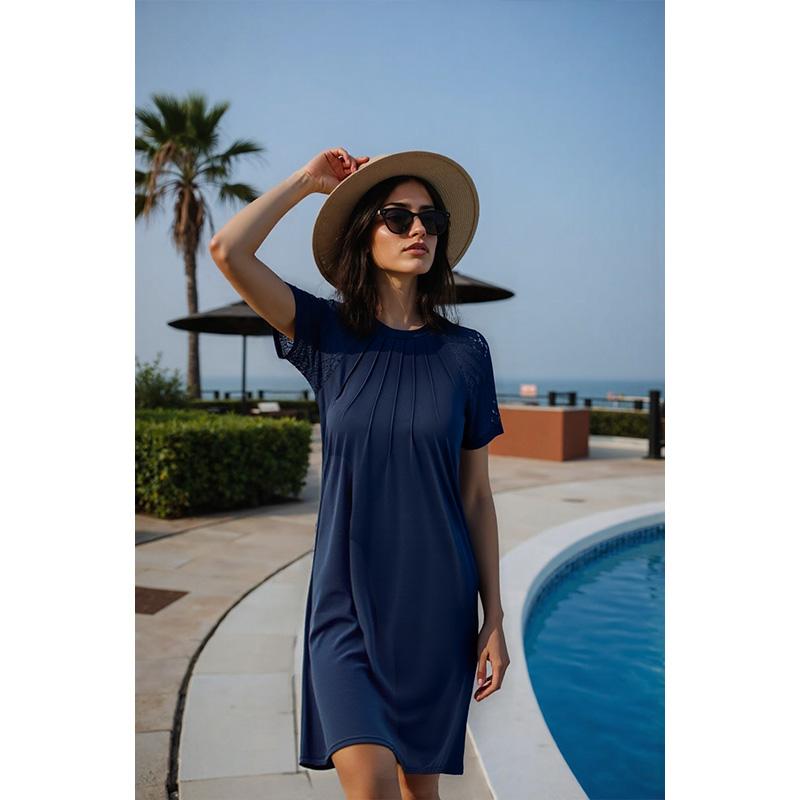 Robe d'été pour femme, couleur unie, ajourée en dentelle, manches courtes, col rond, plissée