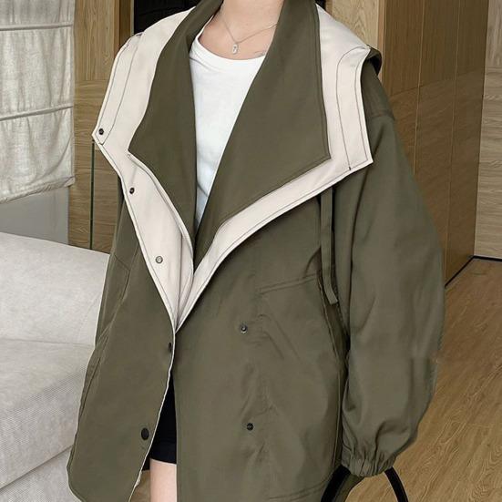 Women Windbreaker Hooded Patchwork Colorblock Zipper And Button Closure Long Sleeves Tight Waist