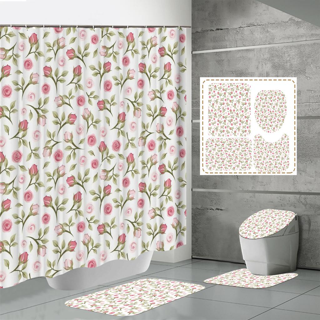 4PCS  Shower Curtain Sets With Shower Curtain And Rugs Toilet Lid Rug U Shape Mat And Bath Mat Bathroom Set  With 12 Hooks