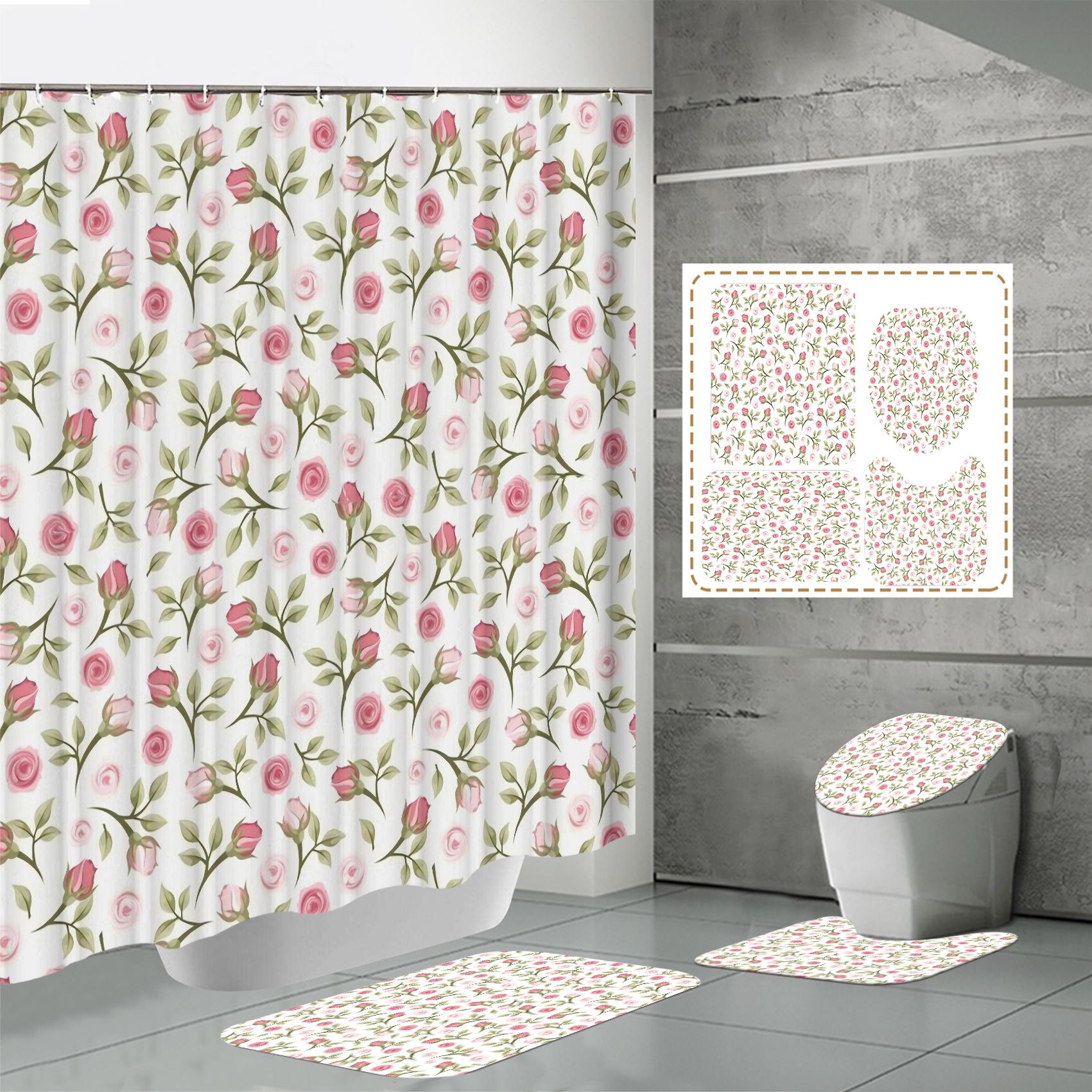 

4 ШТ. Наборы штор для душа со шторкой для душа и ковриками, коврик для крышки унитаза, U-образный коврик и коврик для ванной, набор для ванной комнаты с 12 крючками One Size