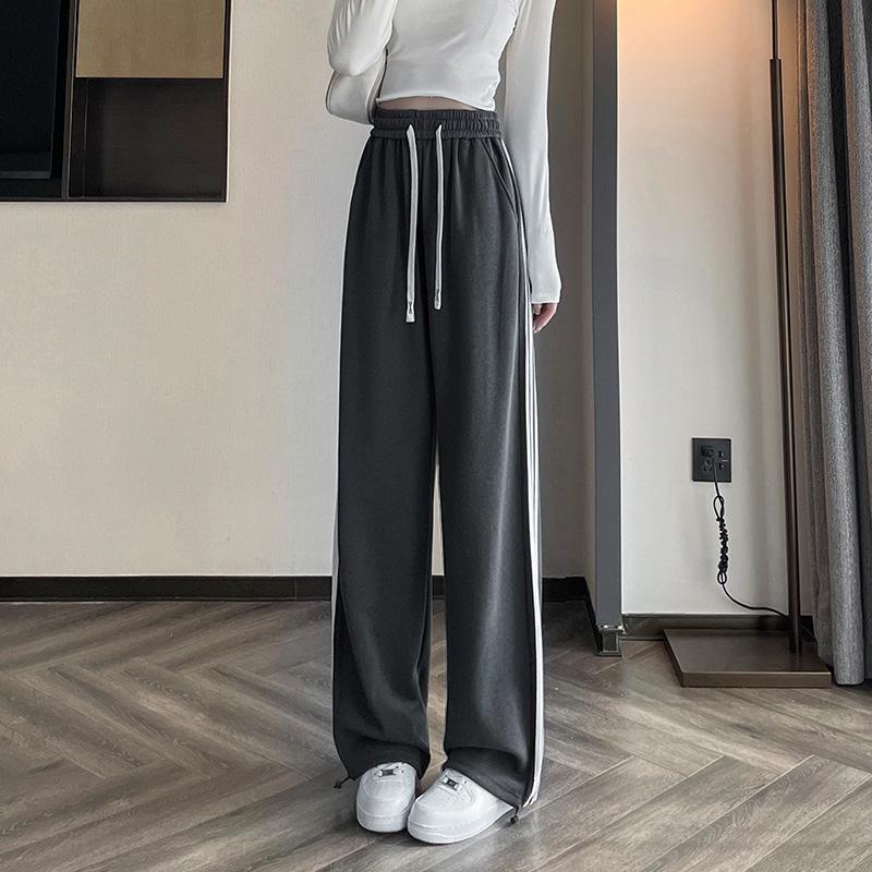 Women's High-Waist Drawstring Wide-Leg Sweatpants, Grey Fleece-Lined with Three Stripes - Spring, Autumn, & Winter Casual Floor-Length Draping Style.