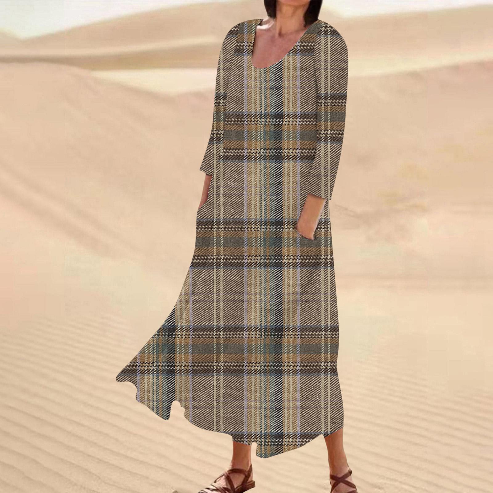 Women s Casual Retro Striped Print Three-Quarter Sleeve Comfortable Pocket Dress L верблюд