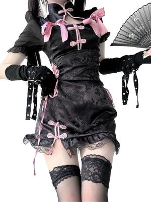 Sexy Cheongsam Maid Gothic Cute Ruffled Ribbon Lolita Moe Bondage Bodycon Mini Chinese Style Lingerie Halloween Costume for Women [ssetoy] Dress,