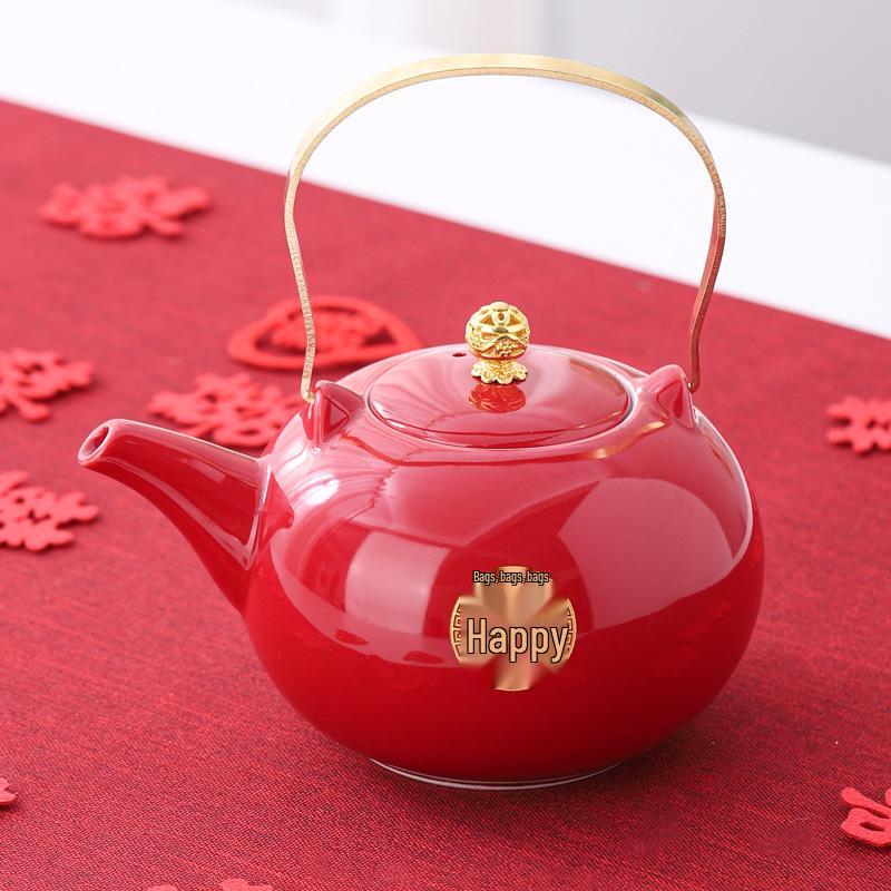 Red Ceramic Wedding Teapot & Water Cup Set - Festive Large-Handled Pot for Banquet and Dowry
