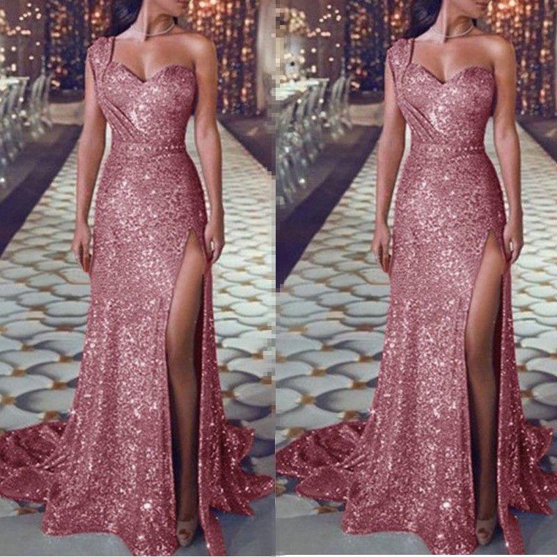 

Sexy Party Evening Dress Women s Sexy One-Shoulder Sleeveless Bronzing Dress Split Dress Pink 3XL