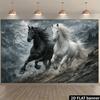 2D plane black and white double horse background fabric with the theme of birds flying and running on snowy mountains.PMJ