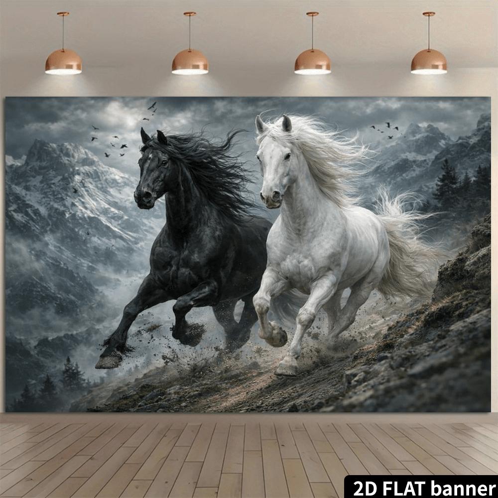 2D plane black and white double horse background fabric with the theme of birds flying and running on snowy mountains.PMJ