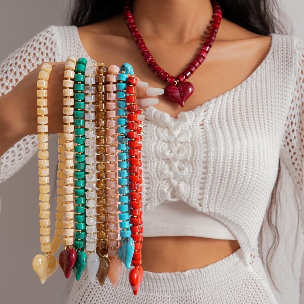 Choker Women Clavicle Necklace Round Bead Sweater Chain Acrylic Love Heart Necklace  Spring Summer