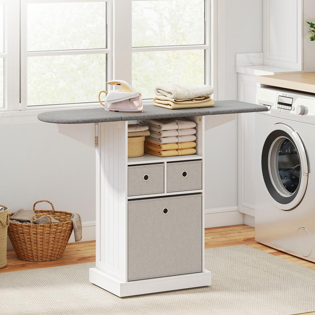Ironing Board with Wheels, Foldable Ironing Surface, 3 Fabric Drawers, 121x37x89.5 cm, White