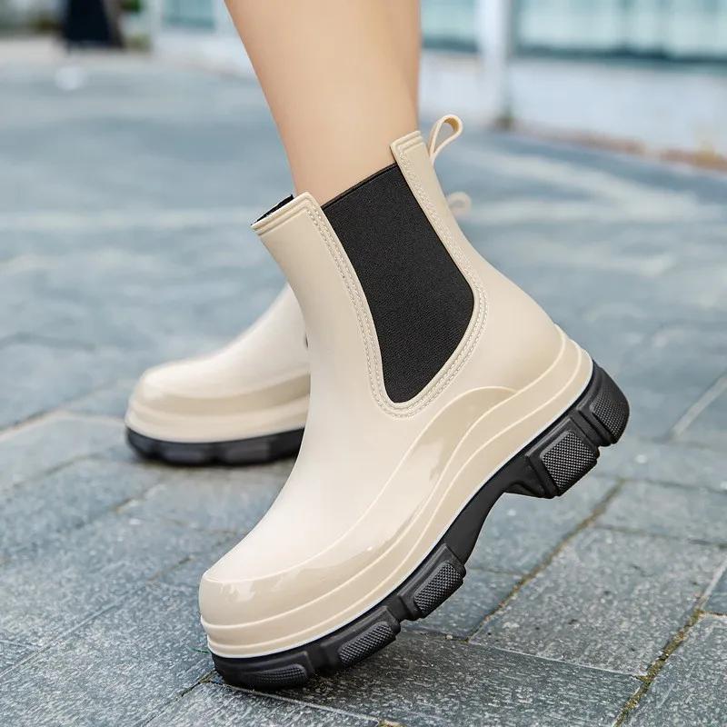 Rain Boots for Women Non-Slip Waterproof Rubber Mid-Calf Garden Platform Boots Lady Cozy Lightweight Rain Shoes Zapatillas Male