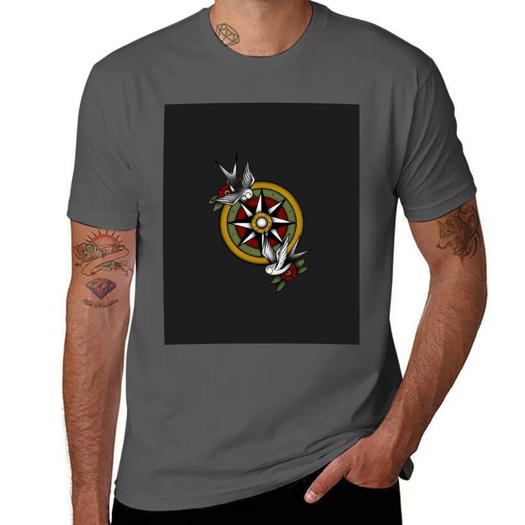 SWALLOW COMPASS TRADITIONAL TATTOO TShirt Plus Size Workout Short Sleeve Top