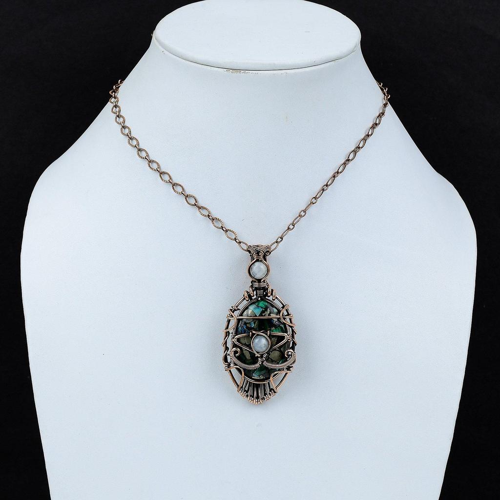 Copper Azurite Malachite Pendant Evil Eye Pendant Copper Wire Wrapped Rainbow Moonstone Pendant Gemstone Jewelry Handmade Brand New Pendant