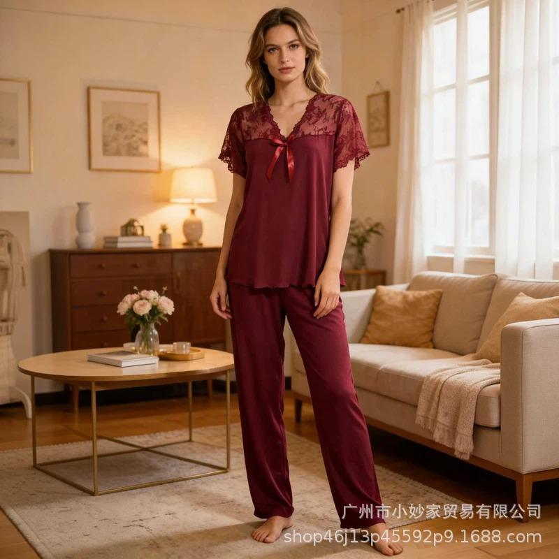 Pajamas Lace Short Sleeve Trousers Set Threaded Red Casual Sweet Loungewear