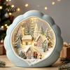 Christmas Tree Wooden Figurines Tabletop Decor with Warm LED Lights, 2D Printed Snow Village Scene Decorative Church And Sleigh Sets Santa Reindeer