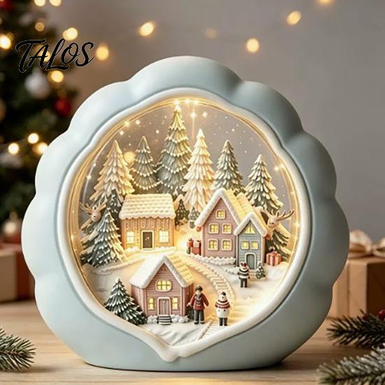 Christmas Tree Wooden Figurines Tabletop Decor with Warm LED Lights, 2D Printed Snow Village Scene Decorative Church And Sleigh Sets Santa Reindeer