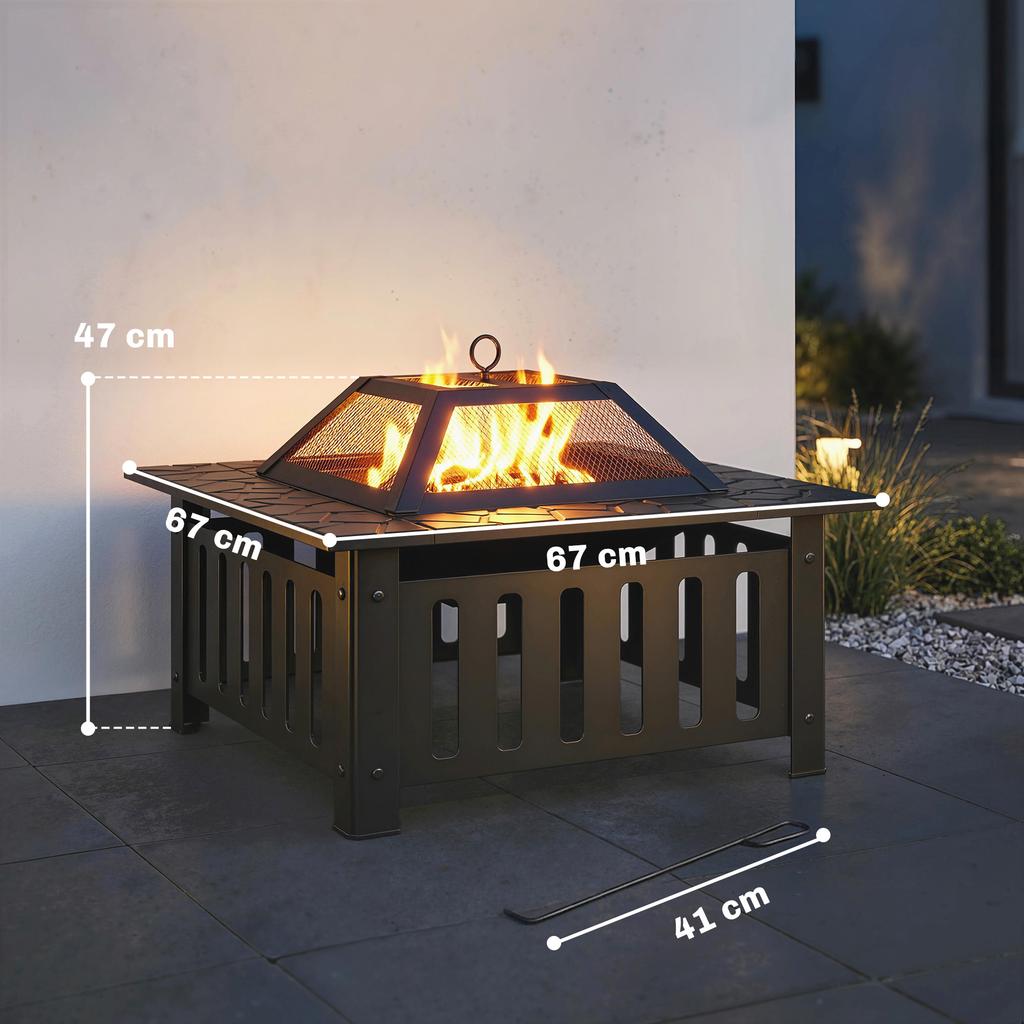 Fire Bowl made of Steel Fire Pit with Spark Guard Poker for Outdoor BBQ Camping 67x67x47cm Black