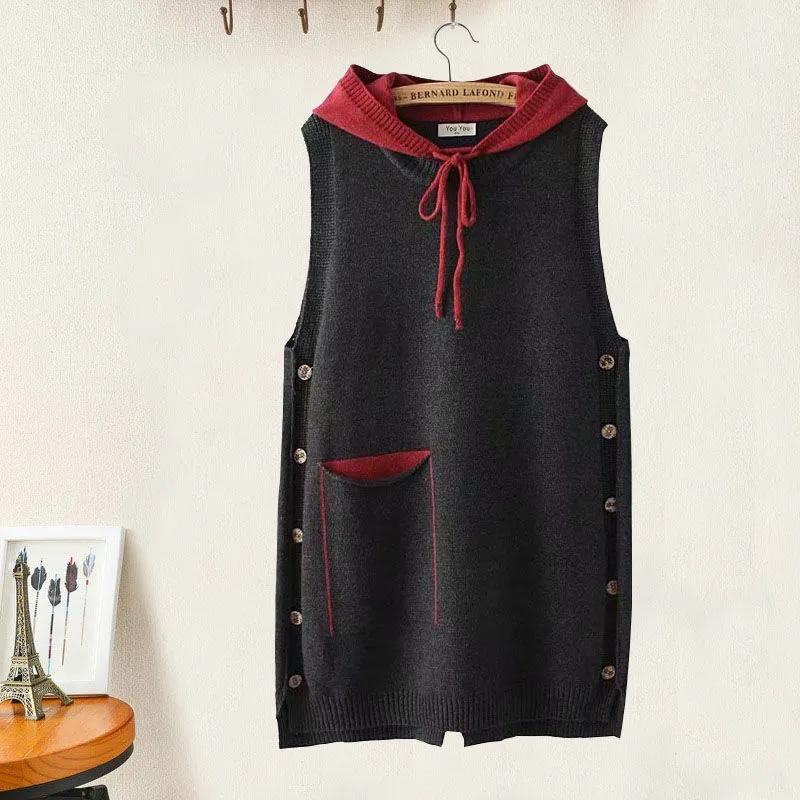 

Женский свободный жилет без рукавов средней длины в стиле пэчворк, ретро, литературный, молодежный пуловер с капюшоном 4XL черный серый