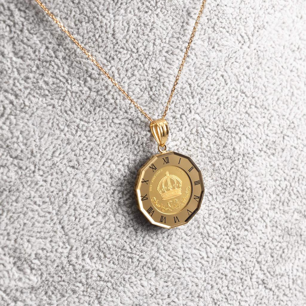 Speranza 24K Pure Gold Coin Pendant with Gold Glass 18K Engraved Crown, 1/25oz Clock,