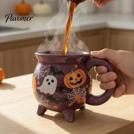 Einzigartige Büro-Kaffeetasse Halloween Hexe Kessel Tasse, 360ml Geist Kürbis Spinnennetz Muster Feiertagsgeschenk für Enthusiasten Keramiktasse, Gruselig