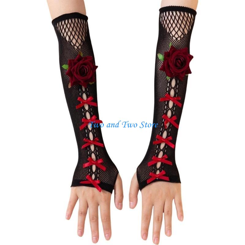 HX6F Bowknot Gloves Fingerless Hollowout Hand Gloves Female Cosplay Party Armwear Dark Series Party Gathering Gloves чёрный