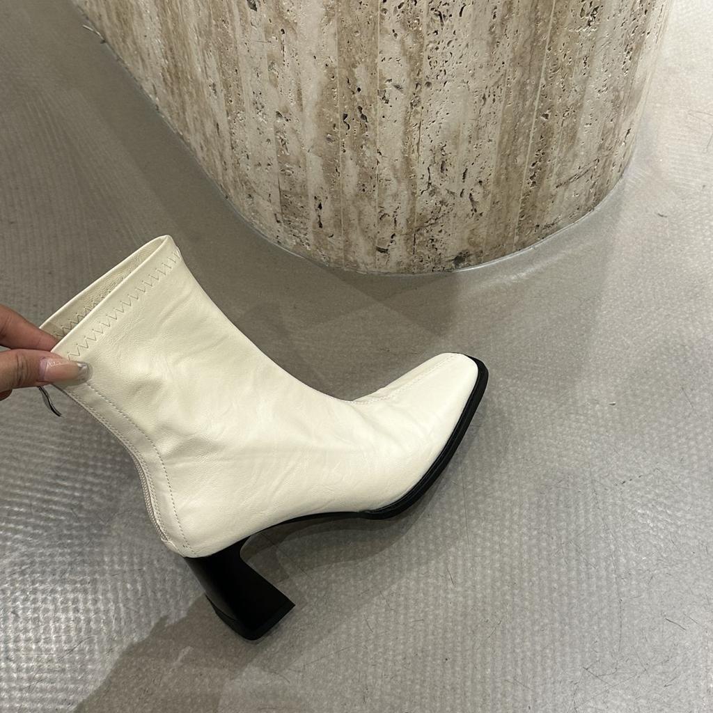 Soft leather brown round head short boots women's high heel thick heel rear zipper 2025 new winter Korean version elastic thin boots