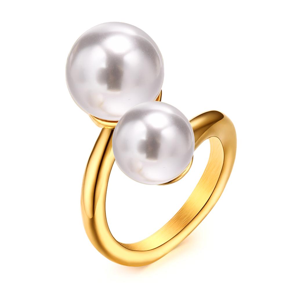 Chic Gold Color Simulated Pearl Ring, Dainty Opening Adjustable Size Stainless Steel Finger Band Rings