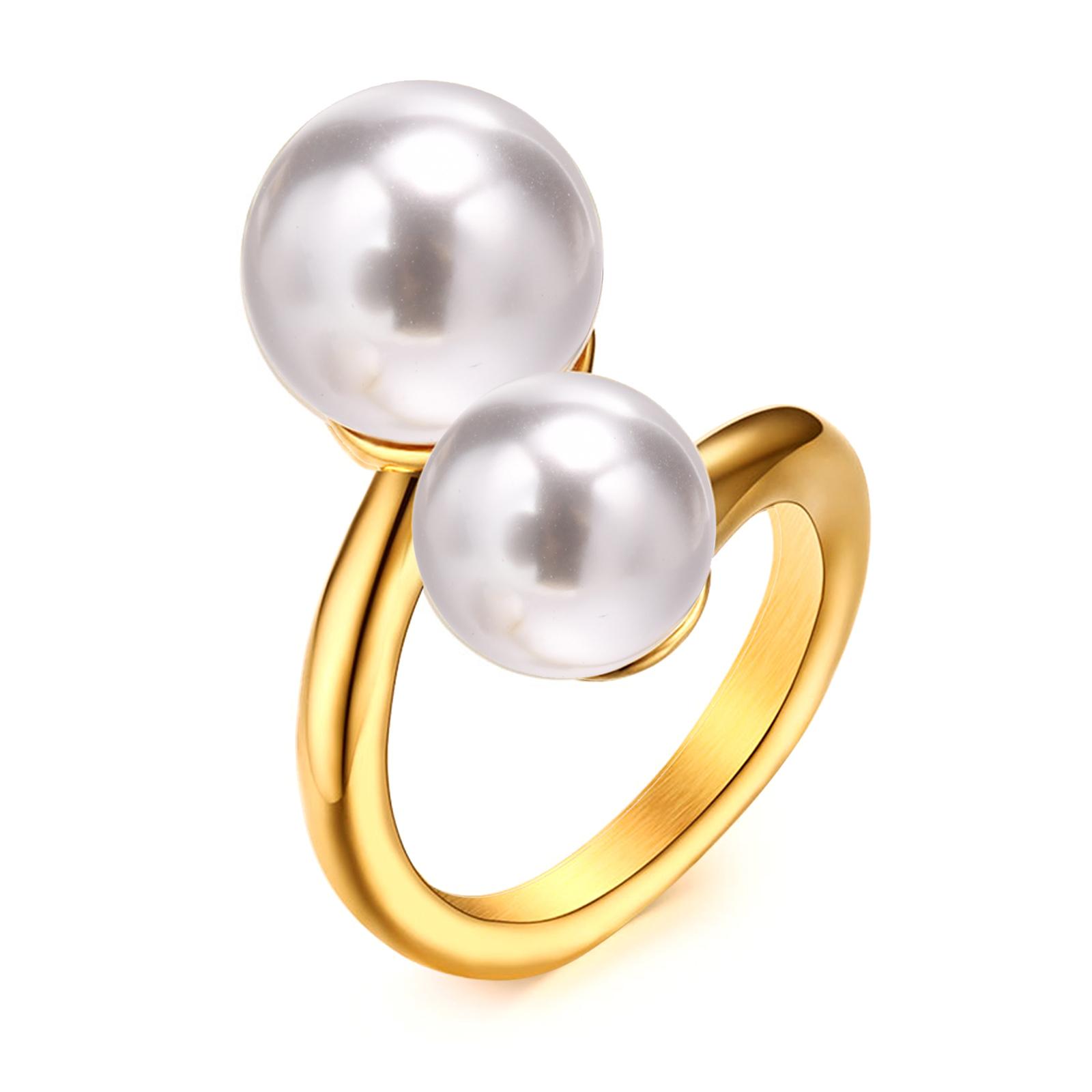 

Double Pearl Wrap Ring For Women, Open Cuff Ring Stainless Steel, Statement Jewekry US Ring size 06