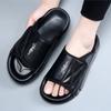 Genuine Leather Men Slippers Platform Open Toe Slip On Casual Sandals Home Mute Slides Summer Beach Walking Sandal Shoes for Men