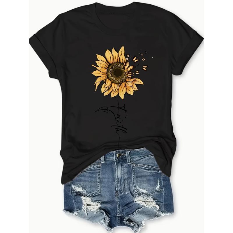 

Womens Sunflower Butterfly Print T Shirt Casual Short Sleeve Round Neck Spring Summer Casual Dressy Top S чёрный