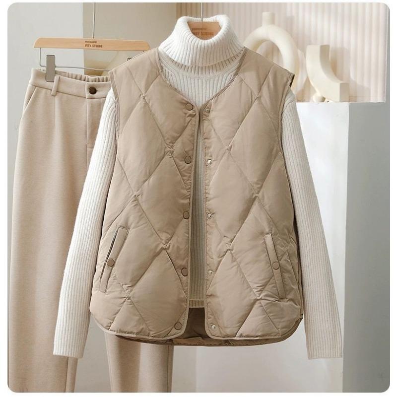 Women Loose Sleeveless Vest Round Neck Thin Quilted Cardigan