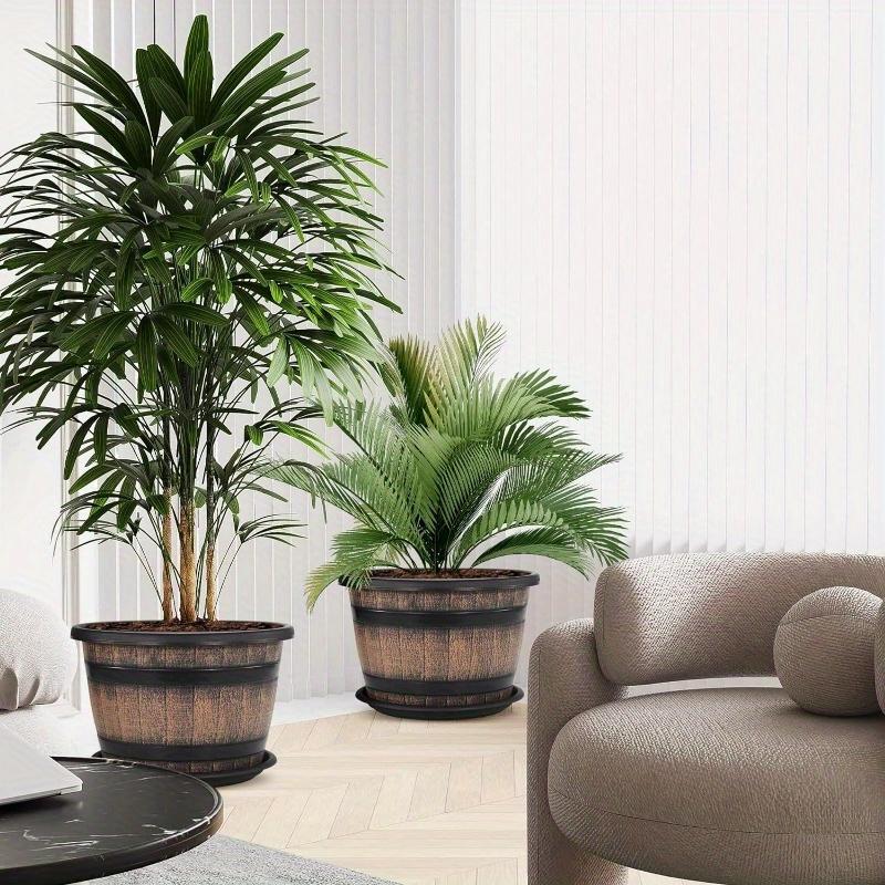 Durable Plastic Round Elegant Whiskey Barrel-Inspired Planter - Indoor & Outdoor Flower Pot for Gardens and Balconies