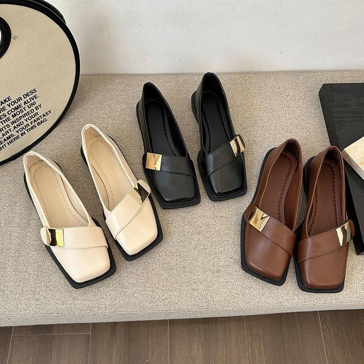 35-43 British style metal buckle single shoes retro square head soft sole loafers women's pedal small leather shoes