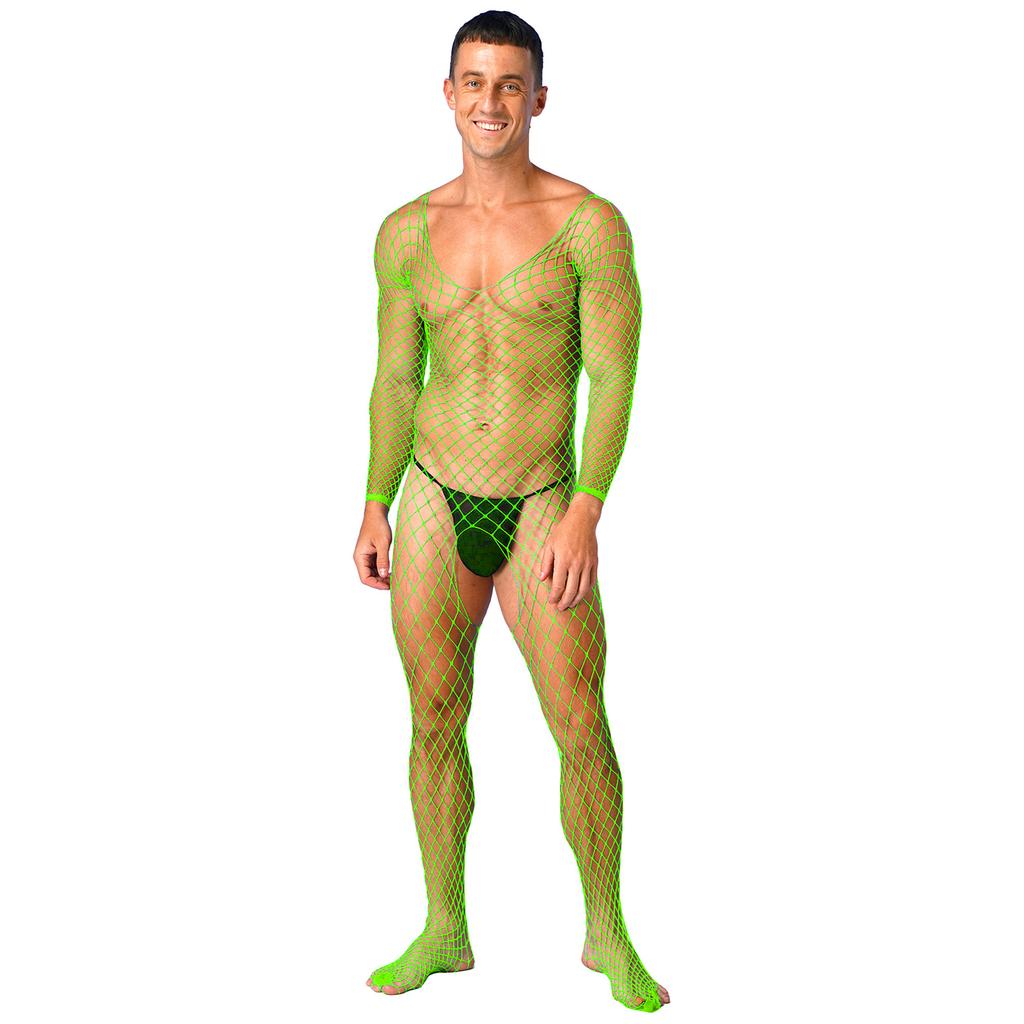 Mens Sheer Fishnet Bodysuit V Neck Long Sleeve Mesh Lingerie Sleepwear