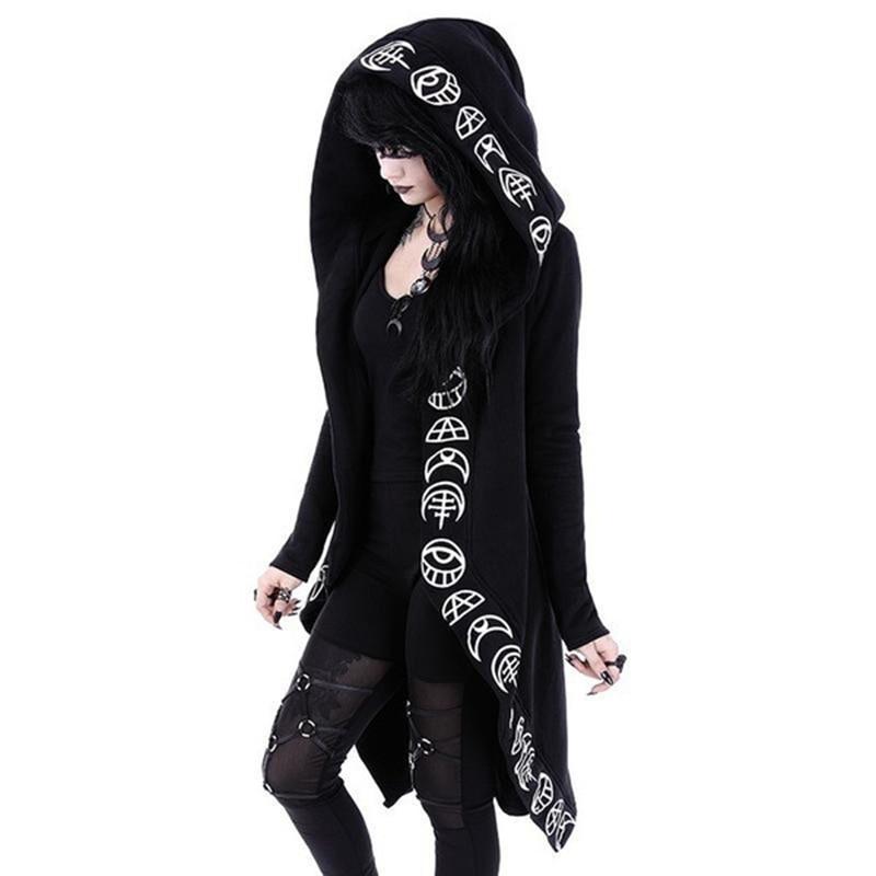 2026 Autumn Gothic Punk Black Long Sleeve Women Hoodies Sweatshirts Moon Print Women Loose Coat Hooded Sweatshirt