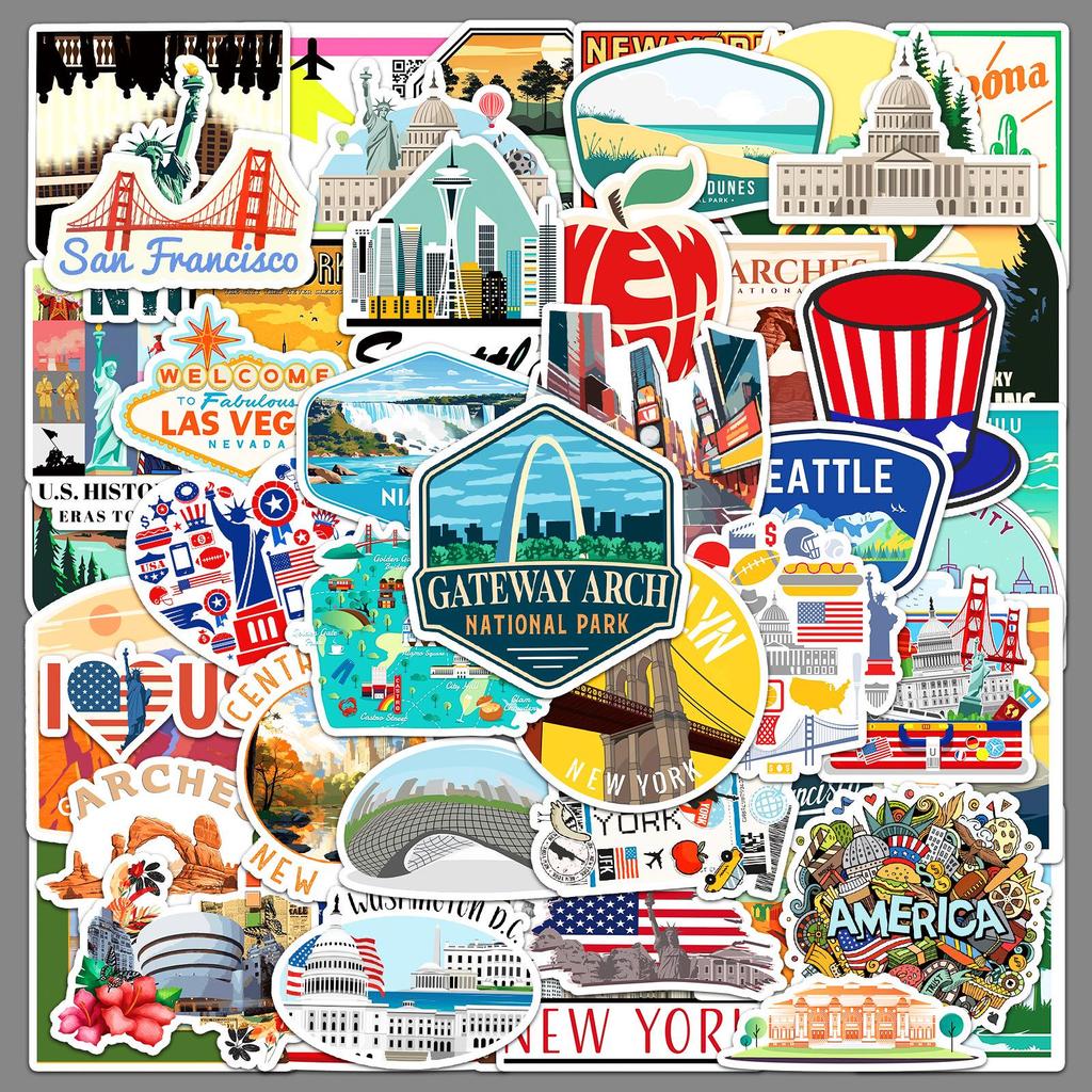 50 American Outdoor Scenery Waterproof Travel Stickers for Suitcase and Storage Box.