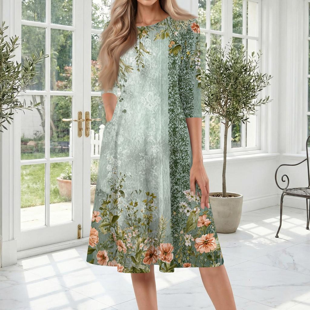 Women's Casual Fashion Round Neck Three Quarter Sleeve Printed Midi Dress