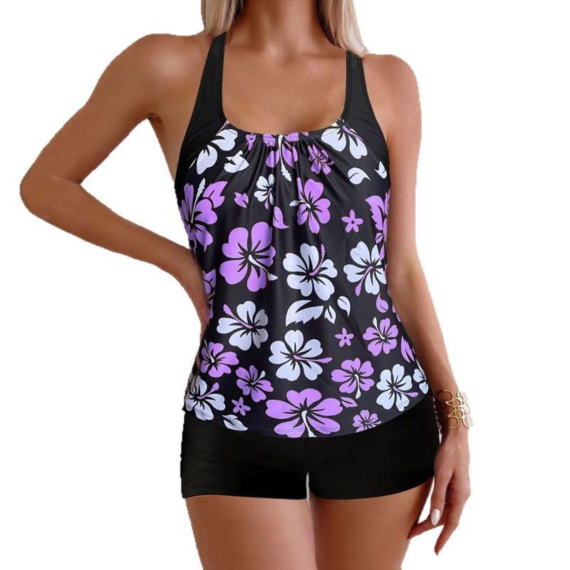 European and American New Split Swimsuit Women's Slim-fit Sleeveless Printed Boxers Tankin
