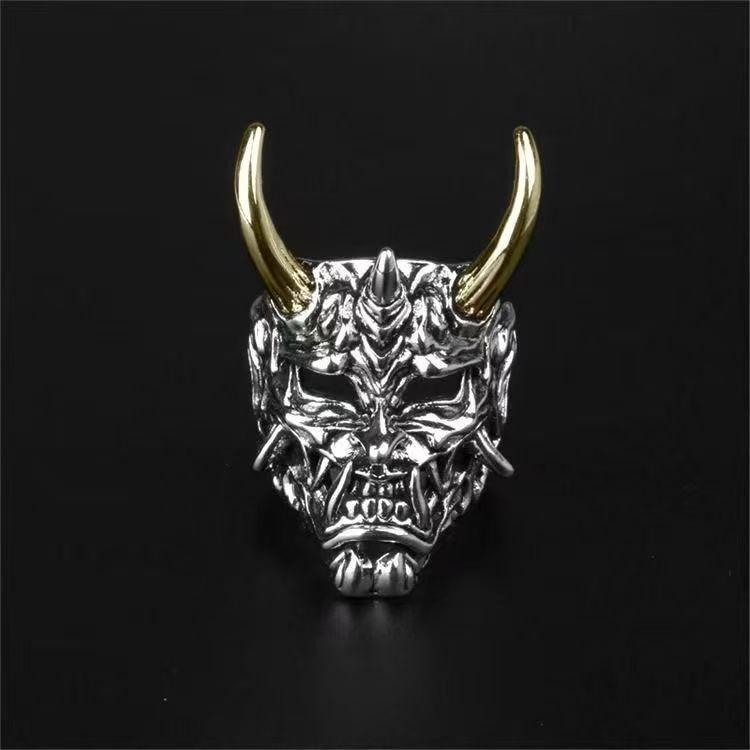 European-American Alloy Skull Hannya Ring - Two-Tone Design Adjustable Open ретро