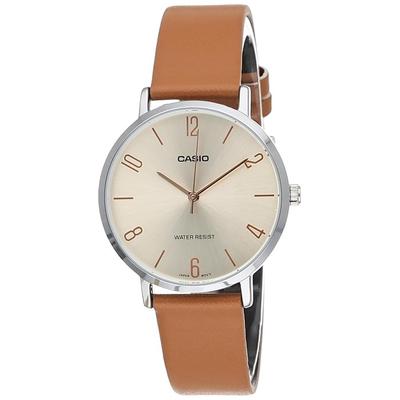 CASIO LTP-VT01L-5B Women's Minimalist Beige Dial Brown Leather Band Analog Watch, Brown 1.58 X 1.33 X 0.31