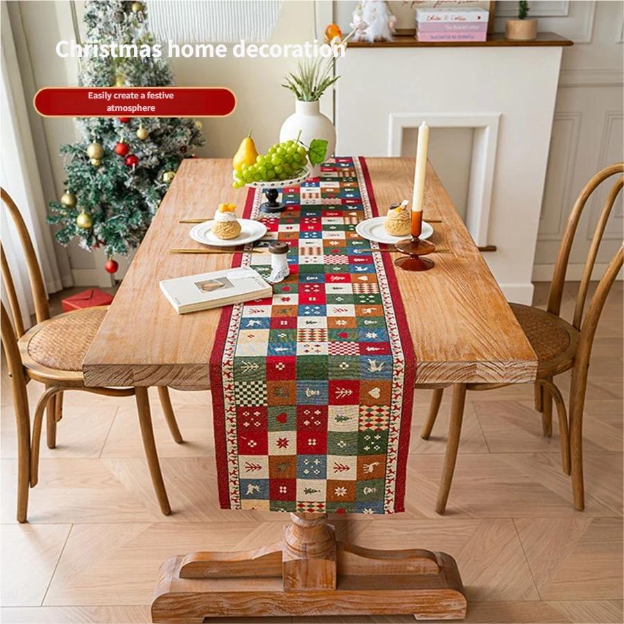 1PC Christmas Vintage Patchwork Table Runner, Thickened Cotton Linen, 200×35cm, Tablecloth with High Colorfastness, Festive Atmosphere