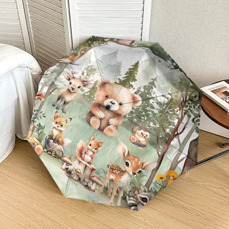 Woodland Animal Friends Automatic Folding Umbrella - Portable 3-Fold Design with Iron Frame, Perfect for Fans, Travelers, Everyday Use, and