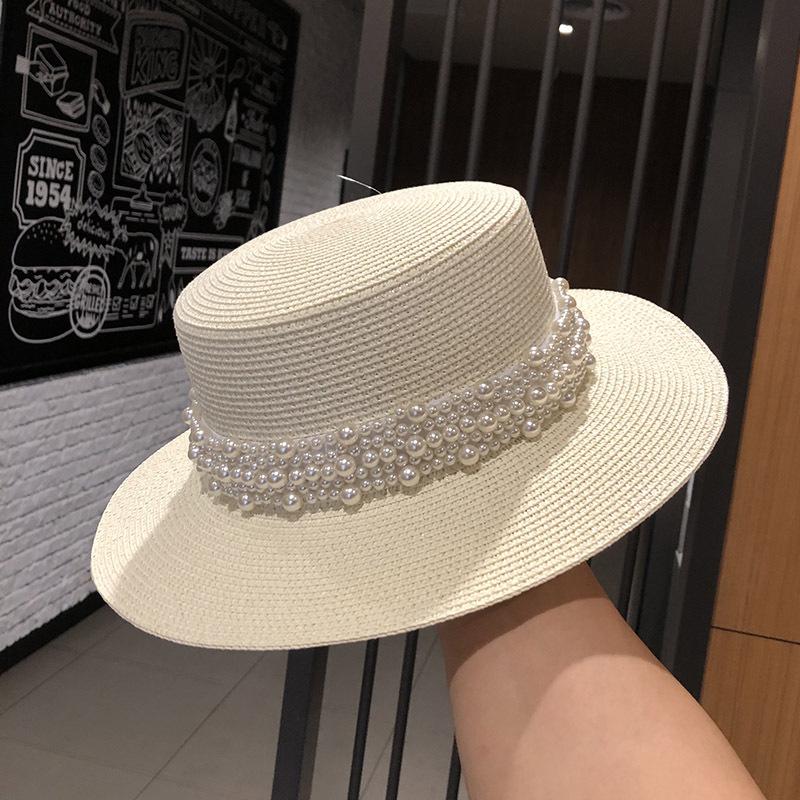 Fashion Summer Women Wide Brim Straw Hat Chapeau Female Sun Hats Boater Pearl Accessories Panama Beach Hat Sombrero Mujer Fedora